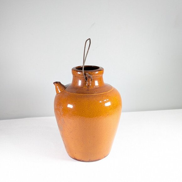 Vintage stoneware vinegar ewer, Brown glazed pottery oil jug - Picture 8 of 11